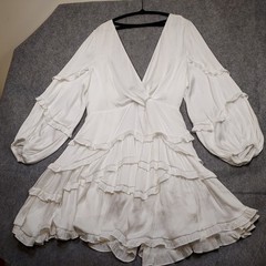 DAVIDS BRIDAL Charmeuse Mini Dress 2X White Ruffle Tiered Bell Sleeve DB Studios