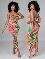 Womens Sexy Strapless Cut Out Knot detail Semi-stretch Multicolored Midi Dress