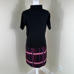 Phoebe Couture Sweater Dress Women 10 Black Plaid Mod Retro Mock Neck Wool Blend