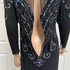 AJ Bari Black Cocktail Sequin Bead Dress 100% Silk Long Sleeves Size 10 VTG