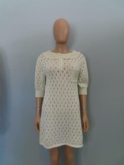 NWT Celine Off White Cotton Pointelle Detail Crochet 3/4 Sleeve Dress XS