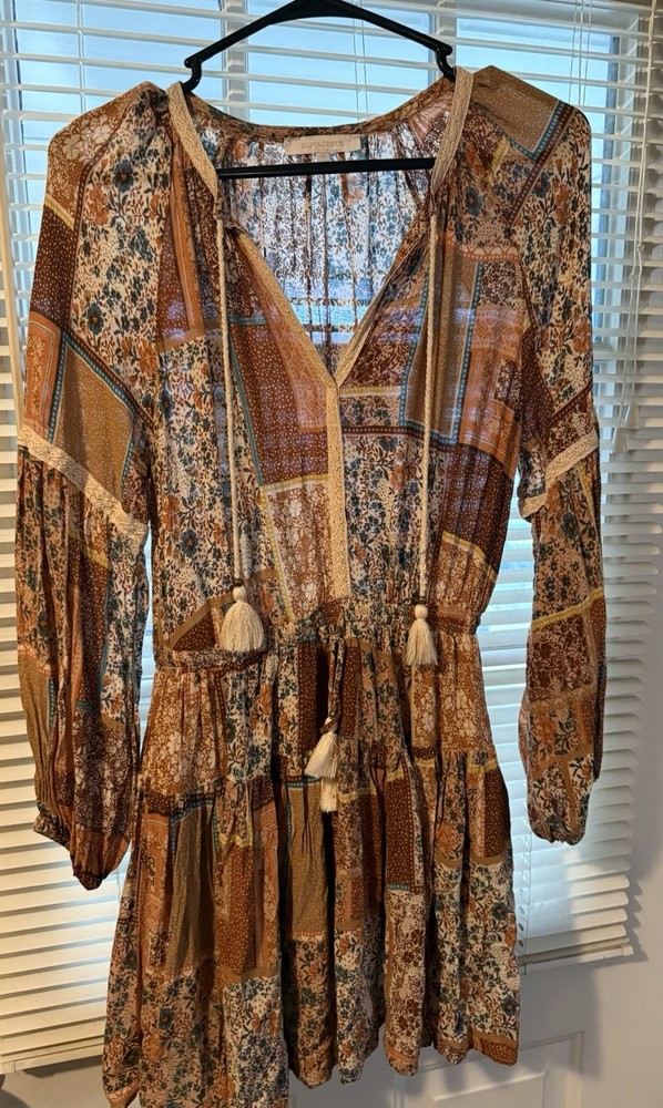 Olivaceous Women’s boho Patchwork V-Neck Tassel Tie Waist Lined Mini Dress M