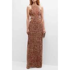 LIV FOSTER Sequin Column Sheath Cutout Gown Dress Metallic Bronze Maxi Size 8