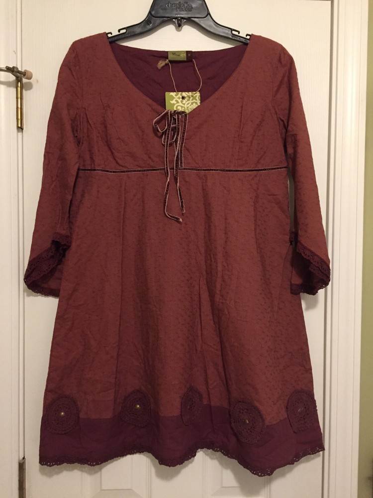 Boho Bohemian Peasant Hippie Tunic Eyelet Dress Crocheted Lace Trim & Medallions