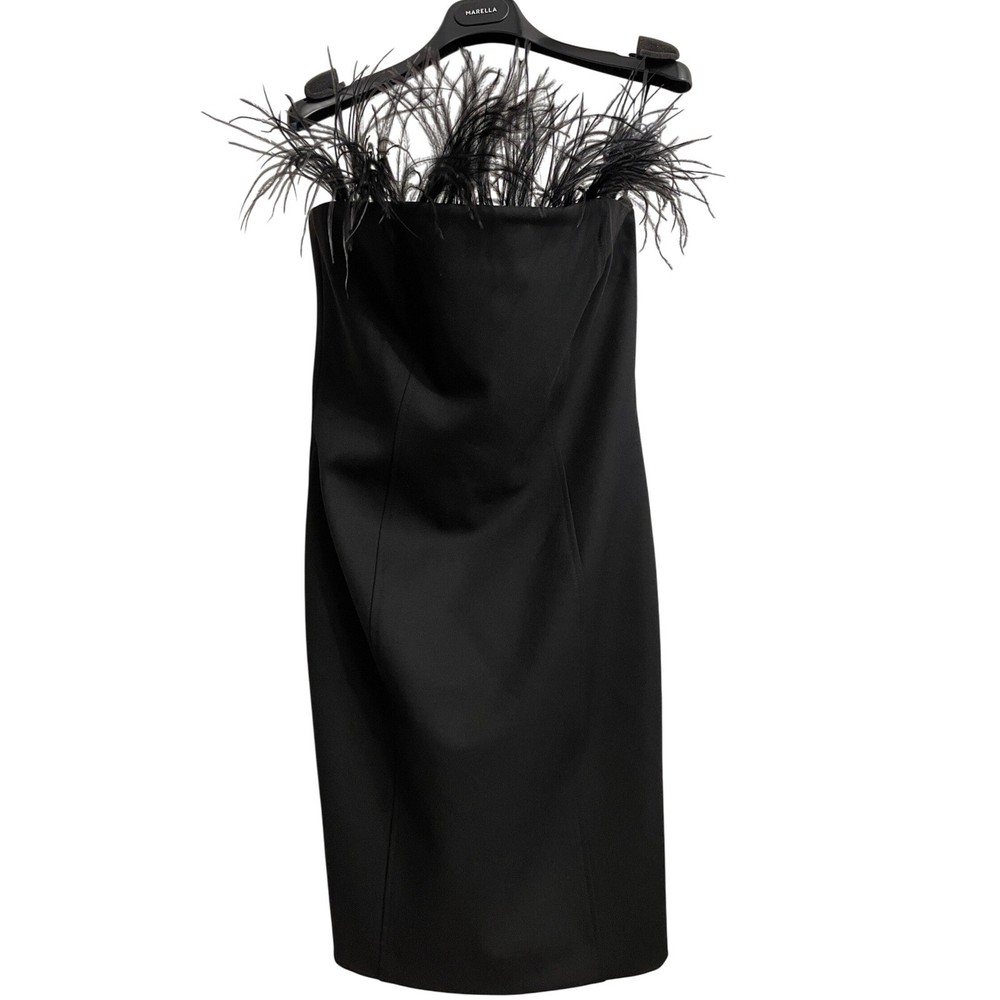 Marella Lira Black Feather Trim Strapless Dress Party Cocktail Evening 10 NWT