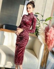 New Style Women&rsquo;s Slim High Neck Long Sleeve Wine Dress Party Dress Cheongsam