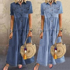 Retro Women Dresses 2022 Short Sleeve Turn Down Collar Pockets Button Long Loose