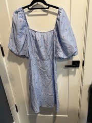 Size Large Cherry Print Light Blue Striped Puff Sleeve Fit And Flare Dress New