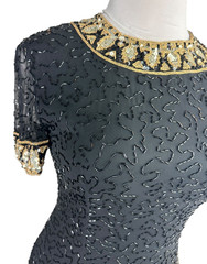 *Flawed A.J. Bari Black Silk Beaded Cocktail Dress Short Sleeve Sequins Size 10