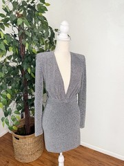 ZARA Silver Metallic V-Neck Bodycon Mini Dress Size S