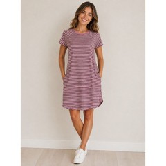 Umgee Womens Striped Short Sleeve Raglan T-Shirt Dress Pink White S