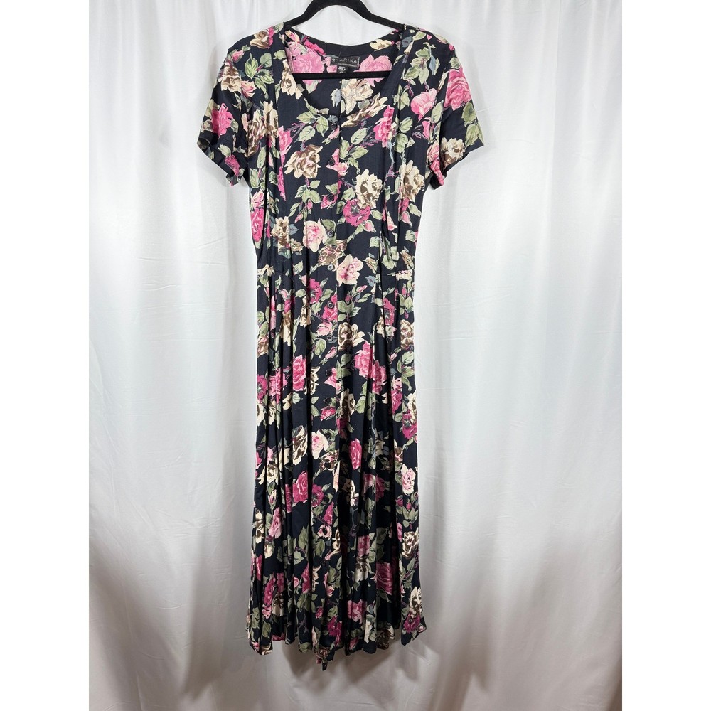 Starina Vintage 90s Floral Maxi Dress Black Pink Rose Button Front Rayon Large