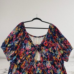 Womens Ikat Puff Sleeve Linen Blend Mini Dress Size 3X Tie Back Summer Boho NWT