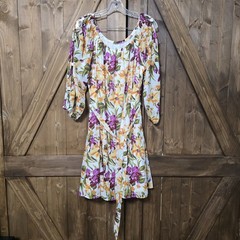 Cato Floral Dress Women’s Large Purple Orange Green Tie Waist Open Sleeve