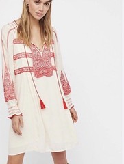 Free People Size Small S Wind Willow Embroidered Tie Long Sleeve Boho Mini Dress