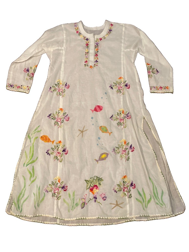 hand crafted Embroidered Painted Sheer Maxi Kaftan Tunic Coastal Vacay