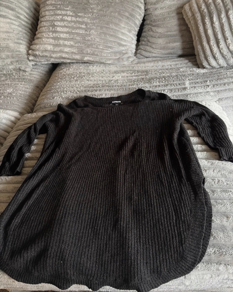 Black Ribbed Knit Sweater Dress Womens L Crew Neck Long Sleeve Pullover