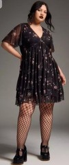 Torrid Nightfall Mesh Tiered Mini Dress in black pink floral and cat print 5x