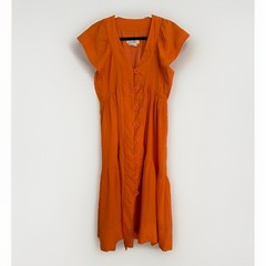 Anthropologie Orange Button Front Puff Sleeve Tiered Dress Size SP Small Petite