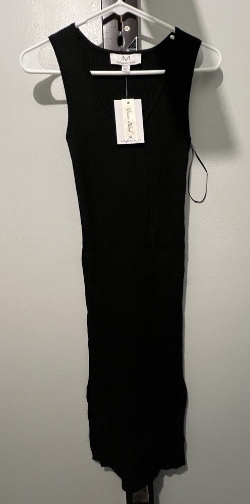 Magaschoni Solid Black Long Bodycon Dress XS Ribbed Knit Stretch Sleeveless
