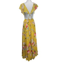 Yumi Kim Maxi Dress Small Yellow Floral Ruffle V-Neck Open Back Boho Summer