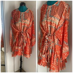 Olivaceous Orange and Red Floral-Print Tie Detail Boho Dress Size M