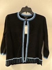 NWT Grace Knitwear Cardigan Sweater M Black Blue Trim Open Front 3/4 Sleeve