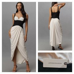 MAEVE by ANTHROPOLOGIE Ruched Corset Midi Dress Black & White Medium NWT $198