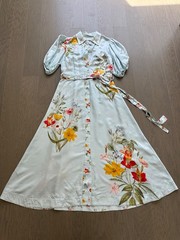 Aston Studio Marley Midi Dress Blue Floral Belt Button Front Silk – Size US 6