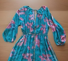 KANTHA BAE O/S 100% Silk Boho Teal Floral Pink Maxi Dress Keyhole Balloon Sleeve