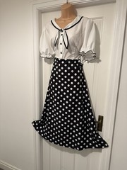 Vintage 40s 50s Nautical Swing Polka Dot Bow Tea Party Dress UK24