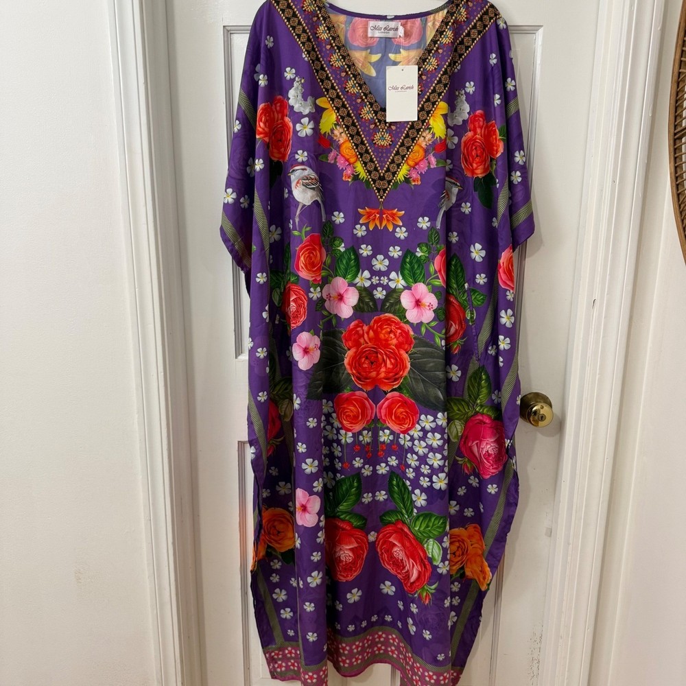 Miss Lavish Kaftan Dress L Tropical Birds Flowers Resort White Lotus Boho NWT