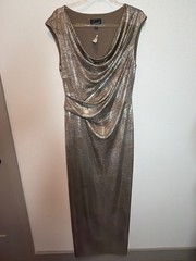 Connected Silver Metallic Draped Maxi Dress Sleeveless Cowl Neck Evening Formal