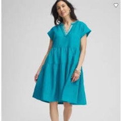 Chico&rsquo;s Linen Beaded V-Neck Tiered Dress Teal Small NWT