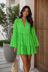 Women&rsquo;s V-Neck Eyelet Mini Dress Size L-XL Green Hi Waist Cover Up Coastal Beach