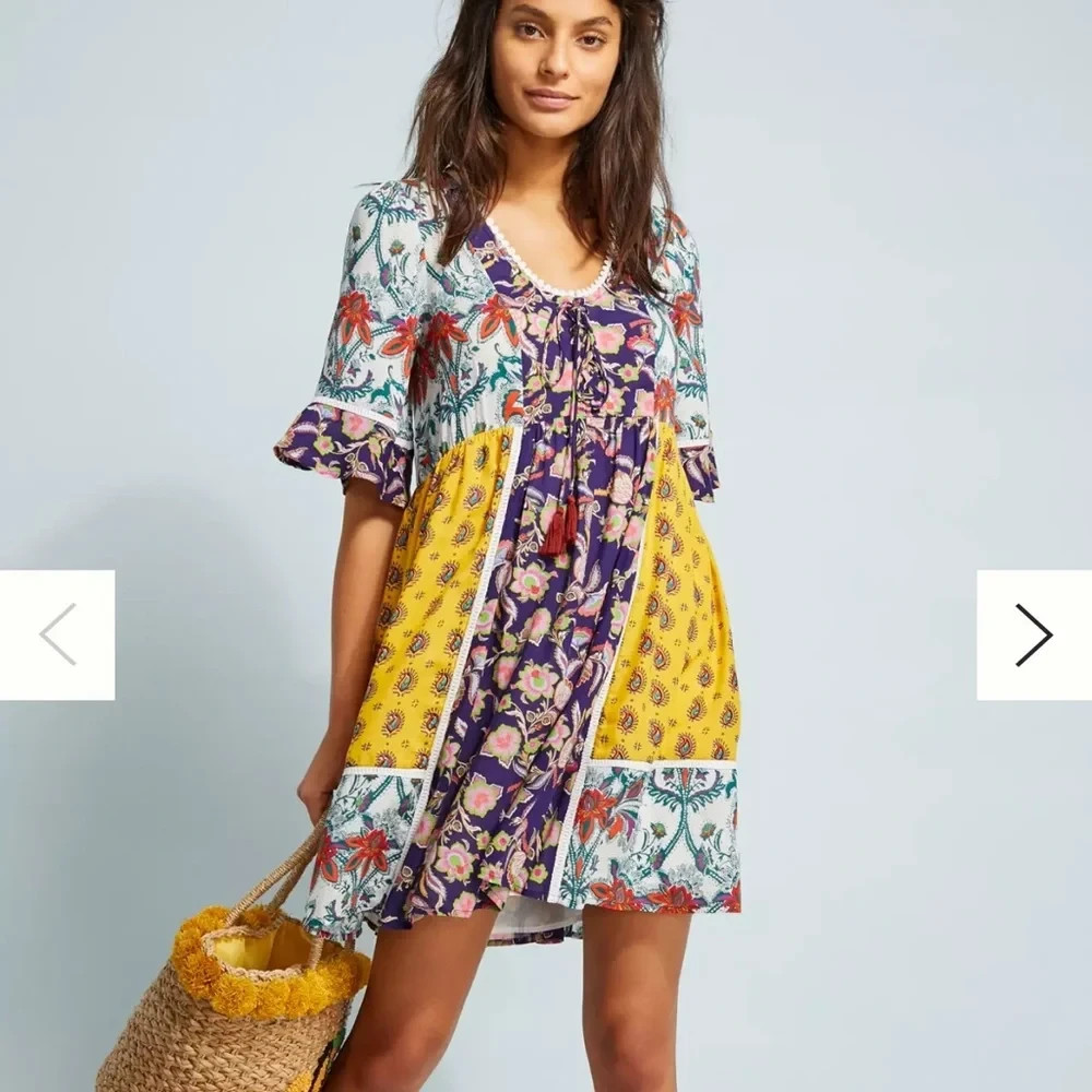Anthropologie PATCHWORK TRAPEZE MINI DRESS Lilka Babydoll cottage core yellow XL