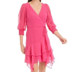 Maison Tara Faux Wrap Dress Size 6 Pink Clip Dot Ruffle Surplice Tiered Flutter