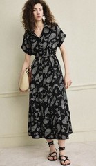 Women’s Black & White Paisley Midi Shirt Dress Short Sleeve Tie Waist BohoCasual
