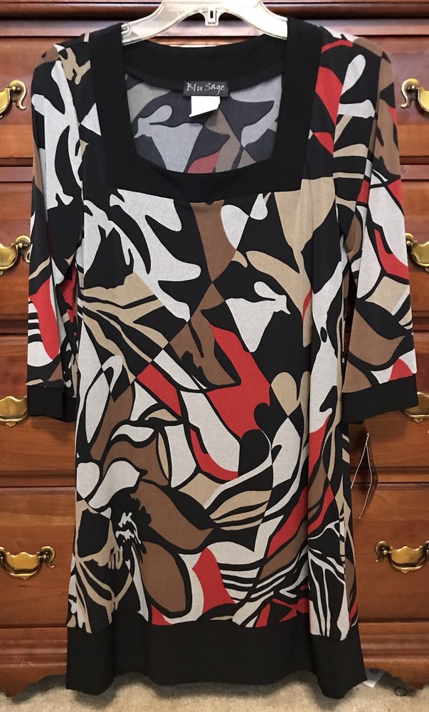 Blu Sage Red Black Print Dress Small
