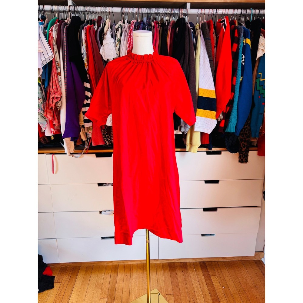 MATI High Neck Shift Dress Womens Medium Red Ruffle Smock Short Sleeve