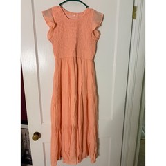 Peach Smocked Bodice Midi Dress Flutter Sleeve Tiered Skirt Small femine