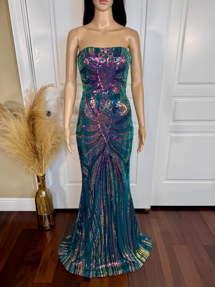 SHEIN MULTI COLOR STRAPLESS LONG SEQUIN EVENING DRESS GOWN