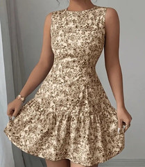 Women&rsquo;s Beige/Brown Floral Sleeveless Round Neck A-Line Mini Dress Ruffle Zip S