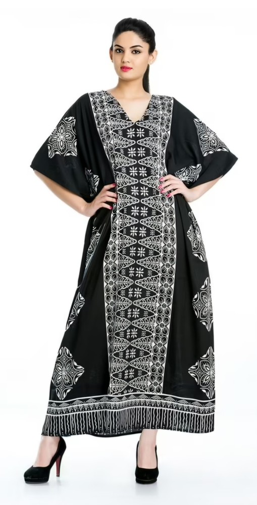 Gypsie Blu Caftan Dress Women Plus Black White Floral Print Tunic Beach Lounger