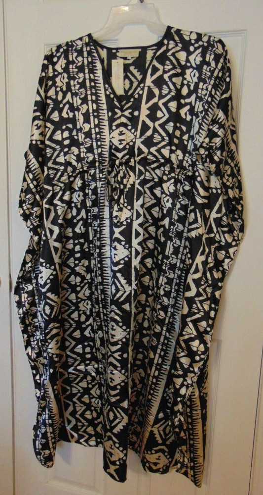WOMENS MUMU Kaftan Kimono Caftan One Size Ebony & Ivory BATIK Drawstring Tunic