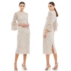 Mac Duggal Nude Silver Sequined Ruffle Tiered 3/4 Sleeve Midi Dress Size 2 $458