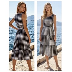 Kim Rogers Women’s Sz PL Sleeveless Black and White Gingham Tiered Midi Dress