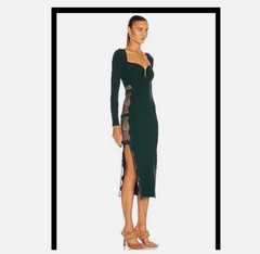 Self-Portrait Forest Green Lace Cutout Ribbed Bodycon Midi Dress M. RP $585