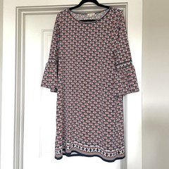 Max Studio Knit Shift Dress Geo Floral Border Print Bell Sleeve Navy Pink Size L