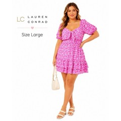LC Lauren Conrad Pink Floral Tie Front Babydoll Mini Dress Size Large New!